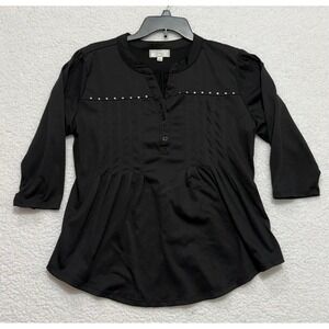 Shannon Ford New York Black Studded Pleated V Neck 3/4‎ Sleeve Tunic Top Size L